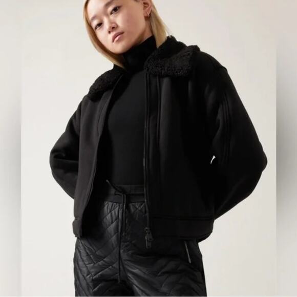 Athleta Black Westbound Sherpa Lined Jacket Womens L Classic Warm Coat Fall - Picture 1 of 8